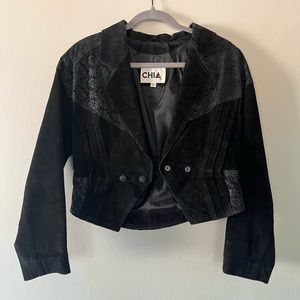 Vintage 80s Black Leather Suede Floral Cropped Jacket (Small)